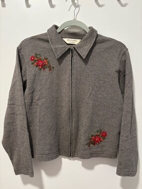 Bechamel Zip-Front Jacket with Red Floral Embroidery - Vintage Women’s Petite S
